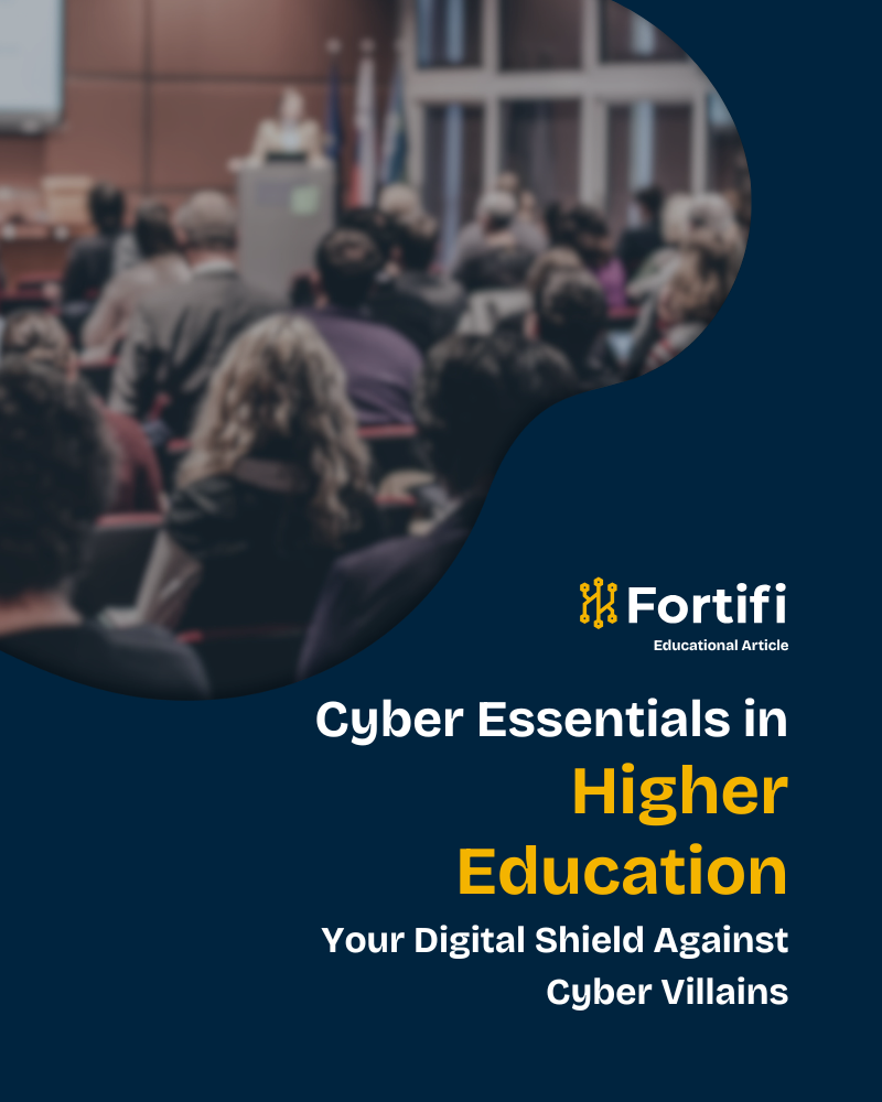 A graphic that says Cyber Essentials in Higher Education on it with an image of a lecture hall in the left corner.