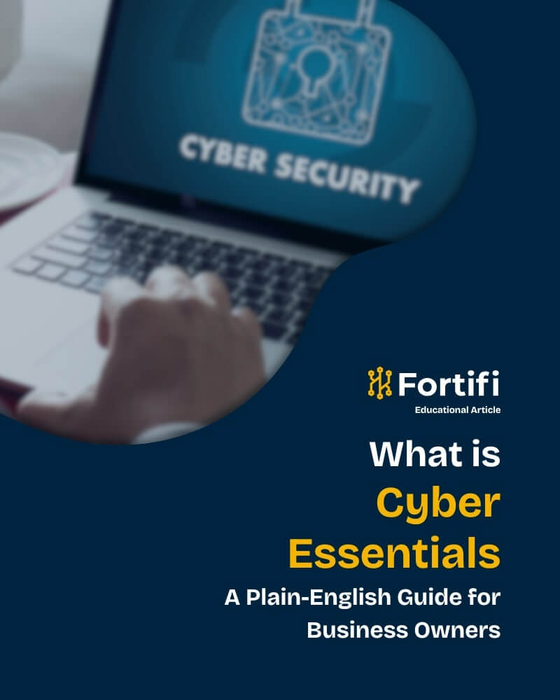 A graphic with What is Cyber Essentials A Plain-English Guide for Business Owners written on it.